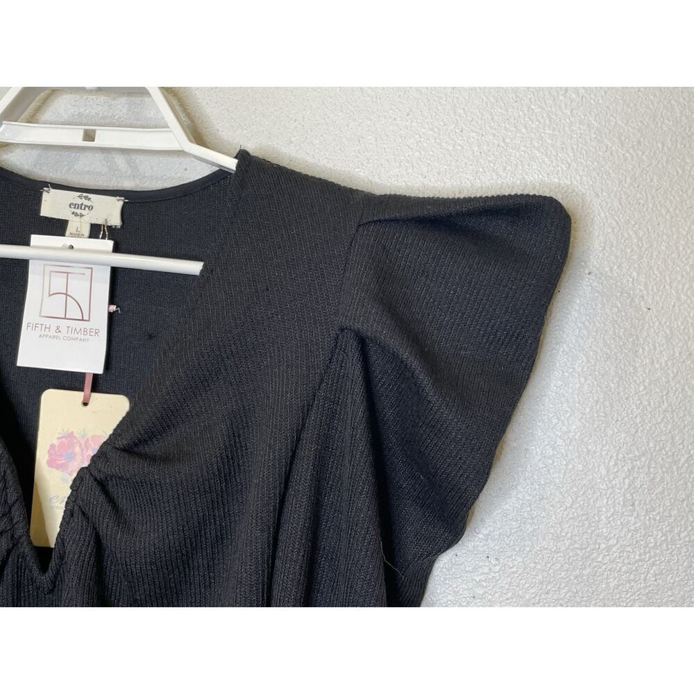 entro Bodysuit‎ Womens Large Black Knit V-Neck Long Sleeve Pleated Shoulder NEW - Picture 2 of 8